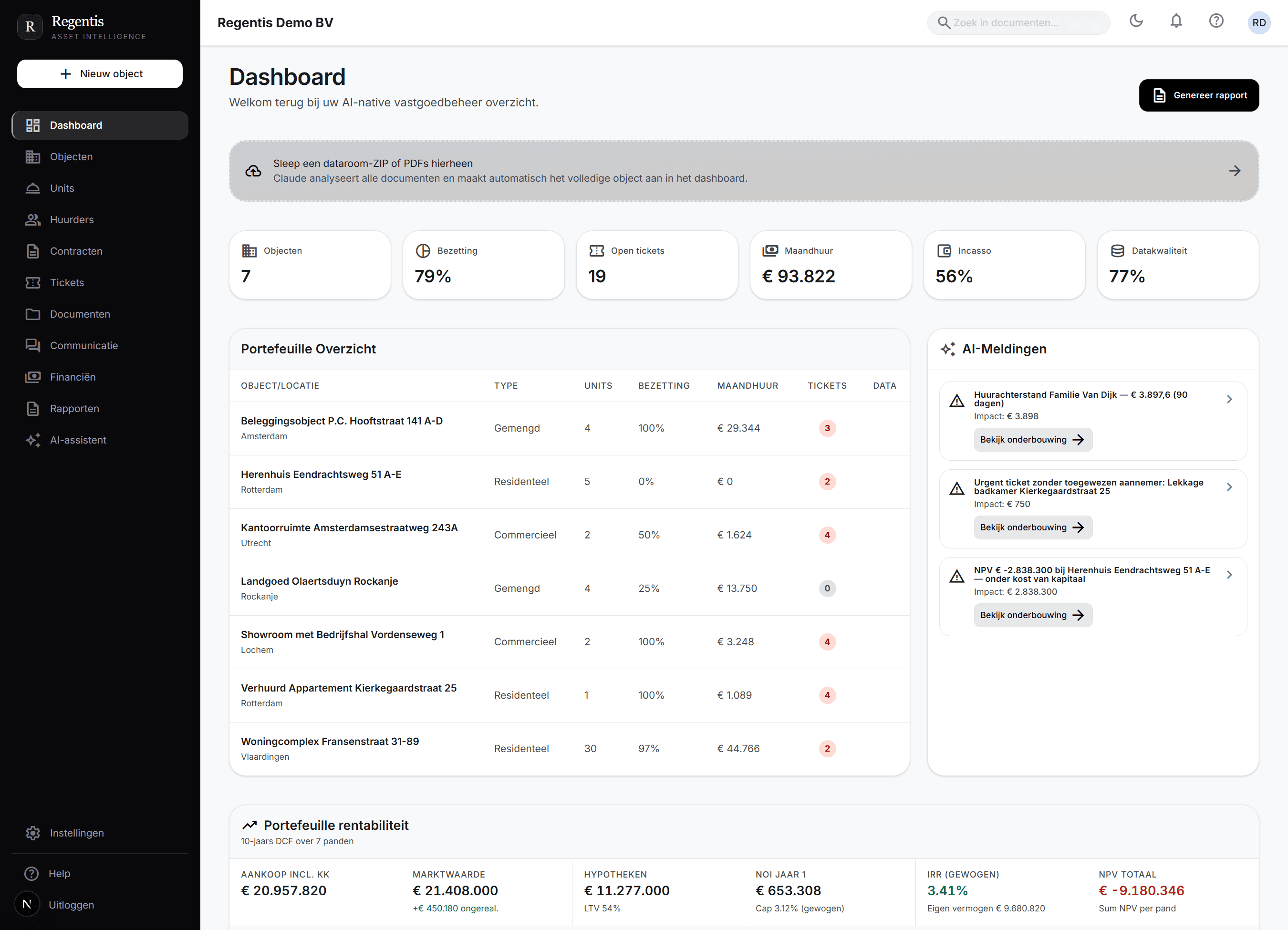 Regentis dashboard met portefeuilleoverzicht, objecten en aandachtspunten